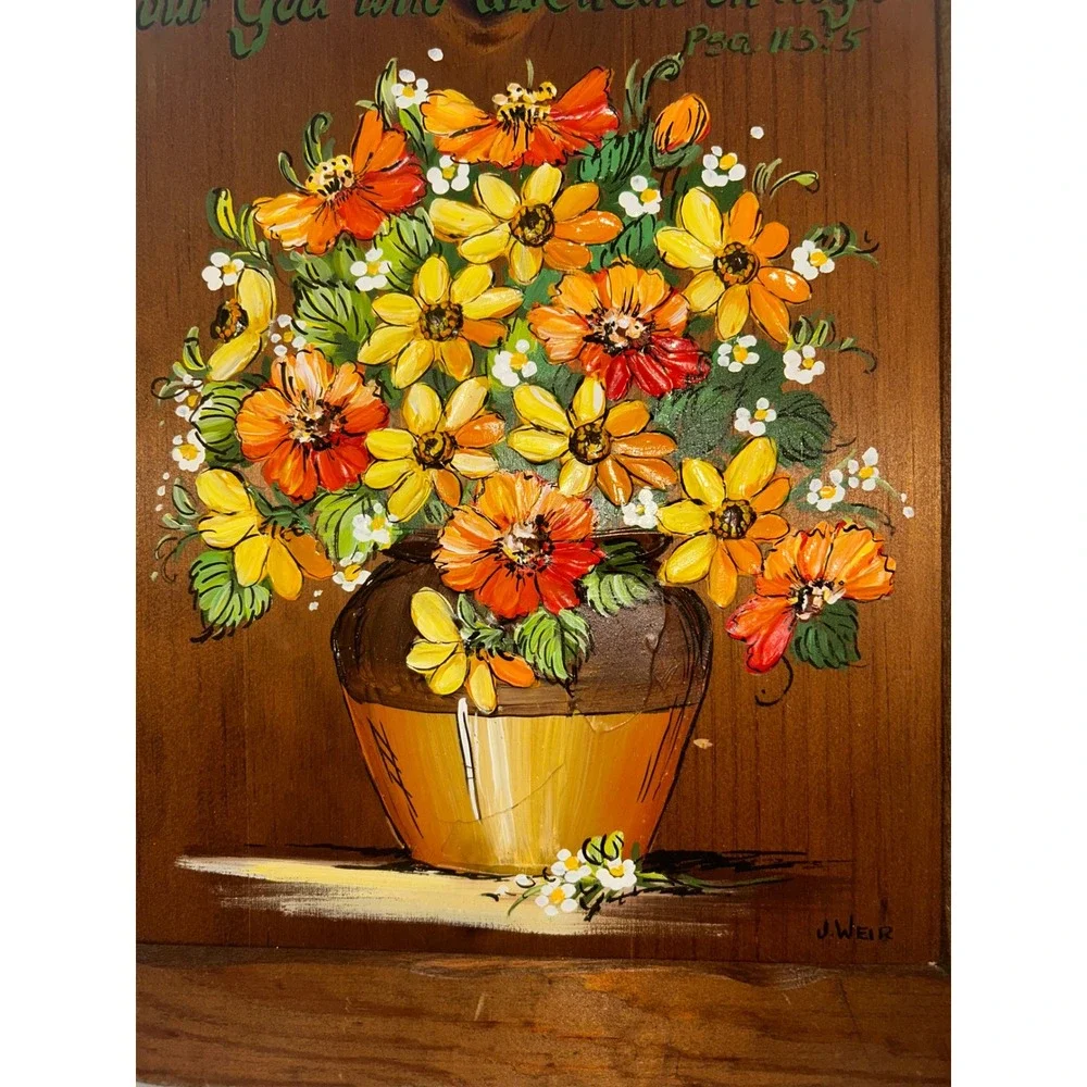 Vintage J Weir Hand Painted Wood Plaque Floral Psalm 113:5 Scripture Wall Art
